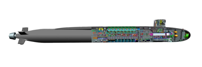 外界猜测的“哥伦比亚”级战略核潜艇的内部结构图，预计该潜艇可携带16枚潜射弹道导弹及鱼雷