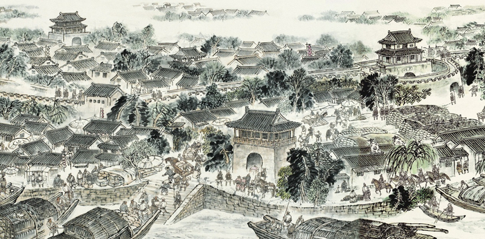 图为《古运回望图》分段画卷——北关角楼篇