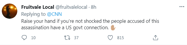 ▲&nbsp;“对暗杀事件与美国政府有关联并不感到意外的请举手”，这条留言获得800多名网友点赞。