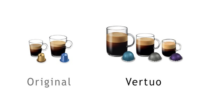 两种系列的分量对比。图片来源：Nespresso 官网