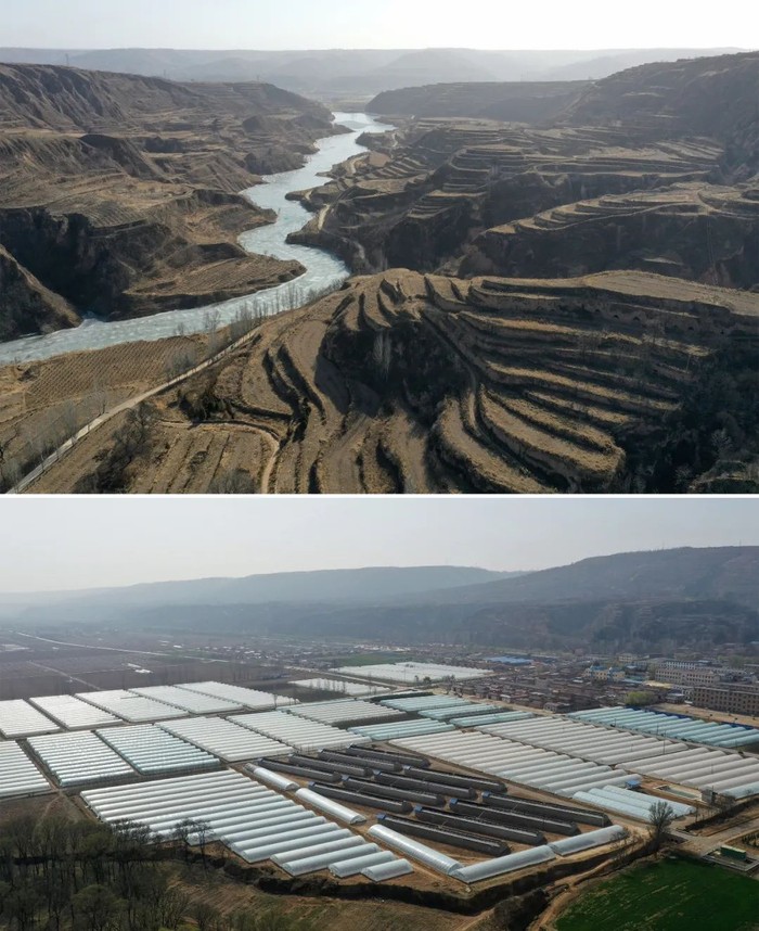 上图：甘肃平凉市泾川县王村镇朱家涧村易地扶贫搬迁之前所在大山的地貌 （杜哲宇 摄）