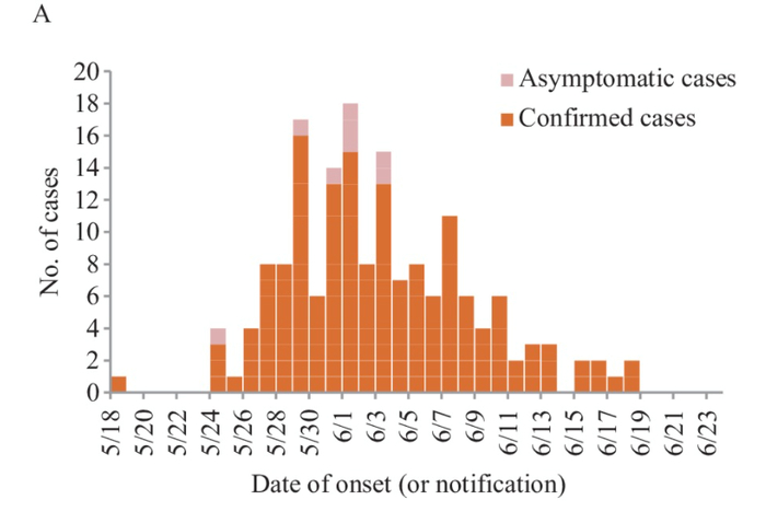 　　广东5月、6月167例新冠病例的流行图标，横坐标为发病或通报时间，纵坐标为病例数。深橘图例确诊病例，浅橘图例为无症状感染者。本文图片均来自文章截图