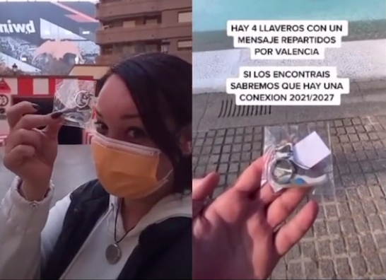 ▲热心网友（左）晒出其找到的哈维尔放置的钥匙链。截图自TikTok