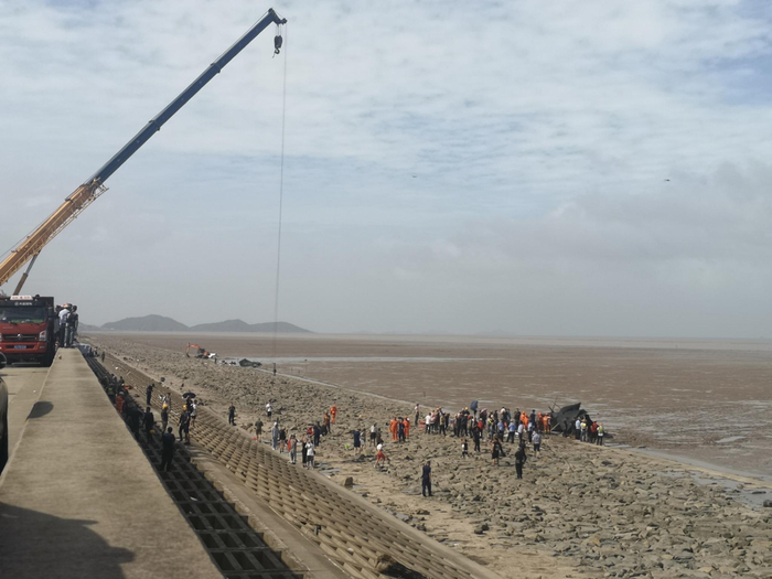 救援人员用起重机将鲸豚吊起放至运载车上。图源：临海市委宣传部