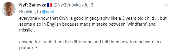 ▲众所周知，CNN的地理就和三岁小孩一样好，但现在看来英语也是，因为他们连“风力发电场”和“导弹”都分不清。有人愿意教教他们如阅读图片上的文字吗？