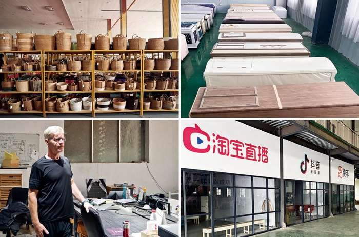 左上图：当地家具企业展厅中的柳编筐篓。右上图：曹县云龙木雕成品。左下图：当地家具外贸企业常驻丹麦质检员。右下图：曹县云龙木雕厂电商平台。