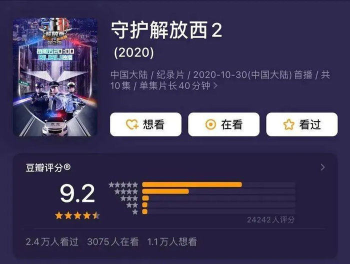 《守护解放西2》豆瓣评分高达9.2。图片来源：豆瓣