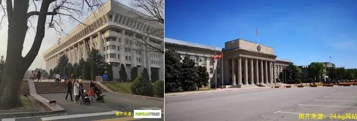 （左上图：拆除围栏后的白宫楼前居民可贴近通行 右上图：比什凯克市老广场上的政府大楼外景）