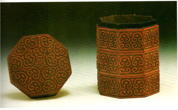 剔红八角形三层漆奁