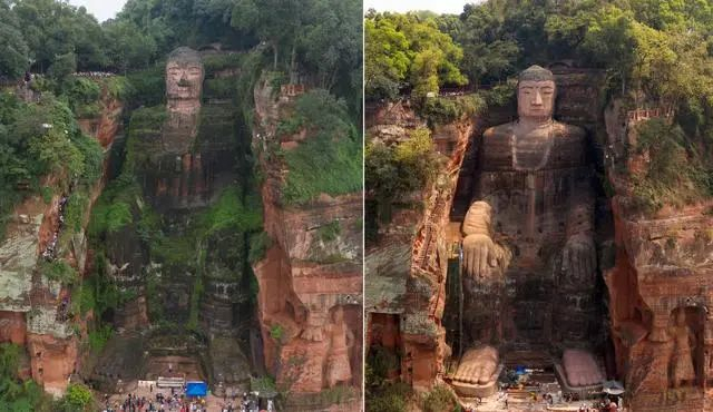 ▲这是一张拼版照片：左图为体检与抢救性修复工作前的乐山大佛（2018年10月4日无人机拍摄）；右图为体检与抢救性修复工作后的乐山大佛（2019年3月29日无人机拍摄）。新华社记者 江宏景 摄