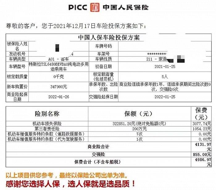 ▲2021年12月17日Model Y长续航版的保险价格