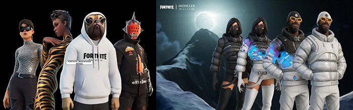 左图：游戏角色 Ramirez 和 Knight 的新衣服来自Balenciaga 2021秋季系列，Doggo的新衣服来自2021春季系列，Banshee的新衣服来自2020春季系列