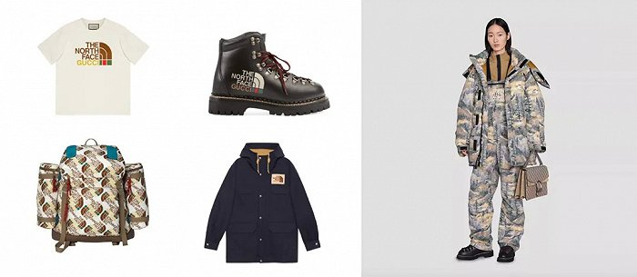 左图：Gucci×The North Face 首个联名系列，以“户外”和“可持续”为特色，包括男女成衣、配饰、鞋履以及帐篷等户外装备