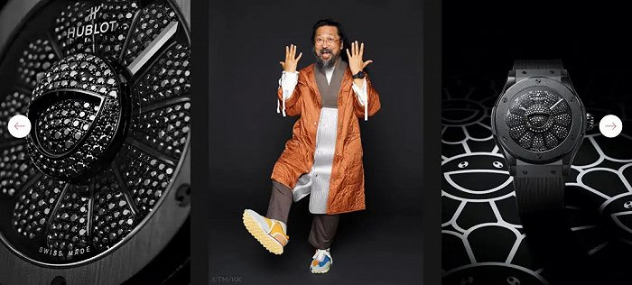 上图：这款腕表将Hublot自主研发的滚珠轴承系统与日本传统工艺相结合，太阳花的花瓣可以旋转，而12片花瓣正代表了12个时间刻度。太阳花上嵌有107颗钻石，中心的笑脸呈现出独特的立体视觉效果