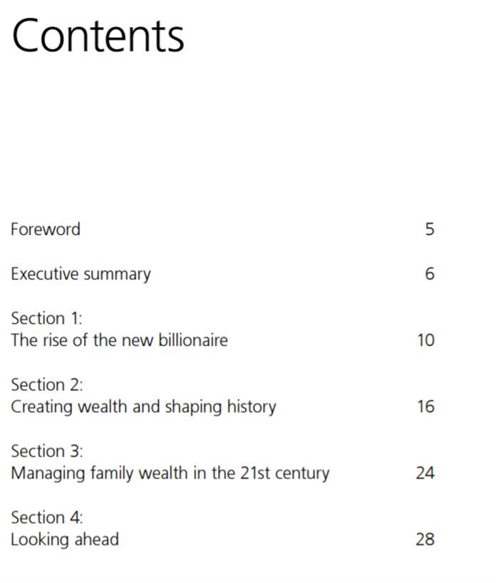 2018年“亿万富豪报告”目录。“前言；执行总结；第一部分：新型亿万富豪的崛起；第二部分：创造财富与塑造历史；第三部分：在21世纪管理家庭财富；第四部分：向前看”