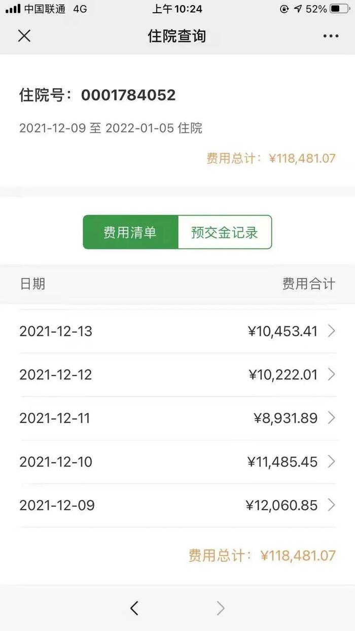 满先生住院的部分费用截图。来源：受访者