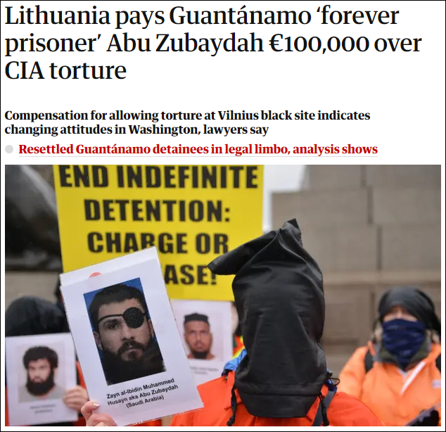 《卫报》报道截图：在英国伦敦的一场抗议活动中，示威者戴着黑色头巾，手举祖贝达画像