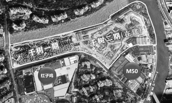 千树项目的两座“山”，就建在苏州河畔的老工业基地上。作者根据网络地图标注