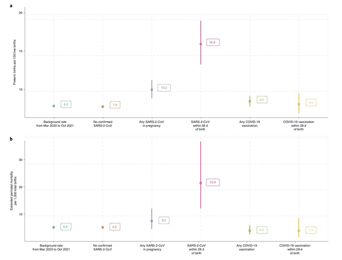 　妊娠期新冠病毒感染后的早产和围产儿死亡率。