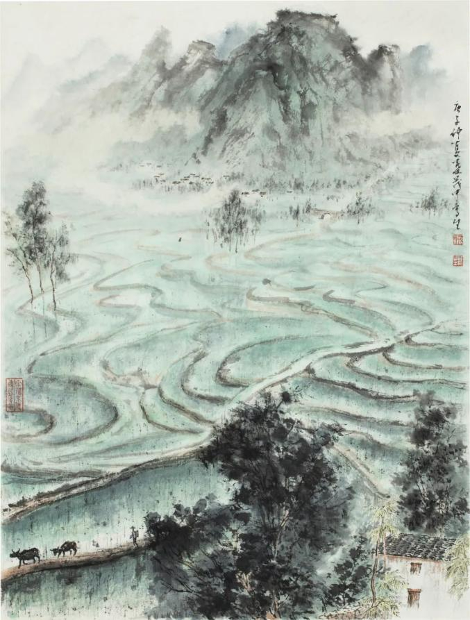 叶茂中，《沃田纵横晨光移》，纸本设色，45×34cm，2020