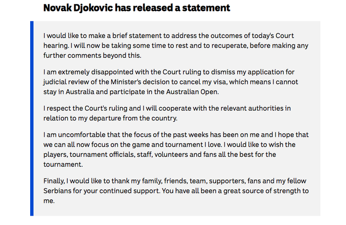 ▲德约科维奇发表的书面声明