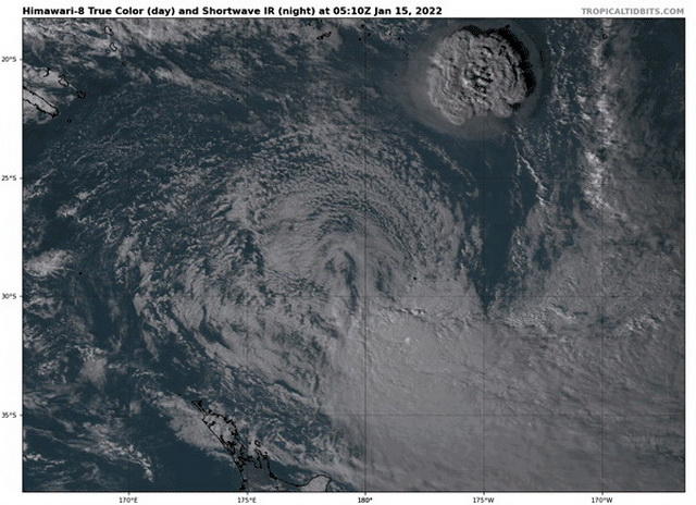 洪阿哈阿帕伊岛火山喷发时的景象。资料来源：海洋知圈