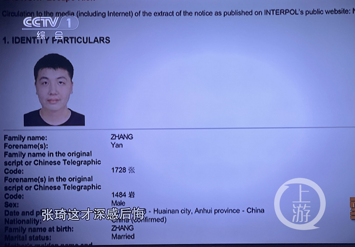 ▲张琦之子张岩案发后潜逃出境，中国向全球发出了红色通缉令进行缉拿。图片来源/央视截屏