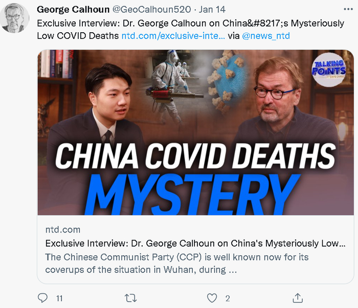 图为George Calhoun接受躲在美国的反华邪教“法X功”旗下传媒的采访