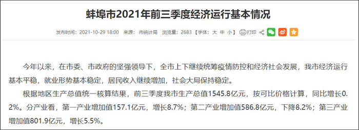 蚌埠市2021年前三季度生产总值。图自蚌埠市人民政府