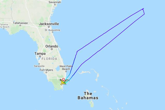 1月19日晚，美航AAL38航班的飞行路图 图源：《纽约时报》 