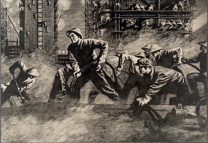 赵宗藻 《争朝夕》，黑白木刻，48x68cm, 1975