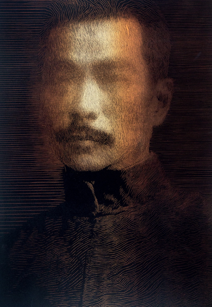 刘京《大师之二》，套色木刻结合数码技法，90x60cm, 2017