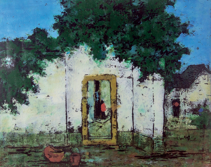沈柔坚《村屋》套色木刻，50x61cm, 1986