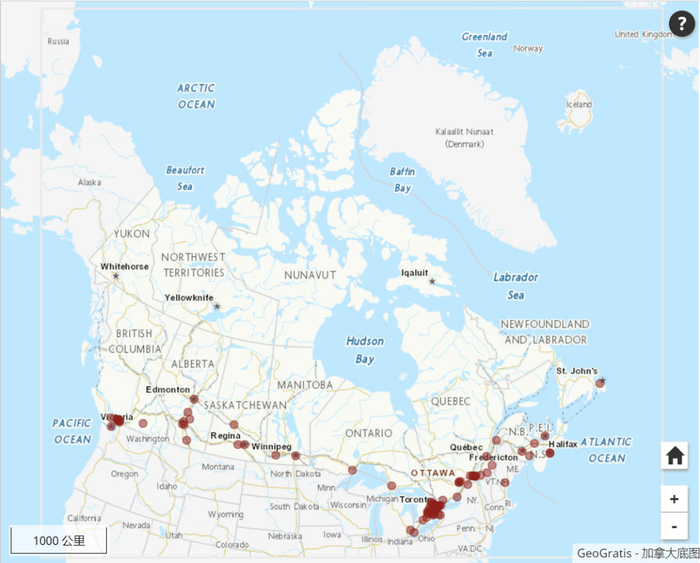 加拿大各地接收阿富汗难民人数可视化图。
