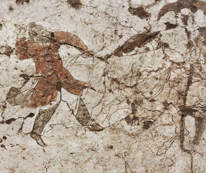 唐康善达墓墓道西壁壁画：胡人驯马图。陕西省考古研究院供图