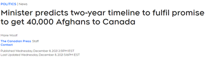 CTV News报道标题截图：“部长预估2年时间表，实现加拿大接收4万难民的承诺”
