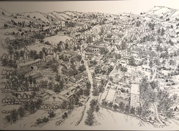 大南坡村远观  手绘：李国胜