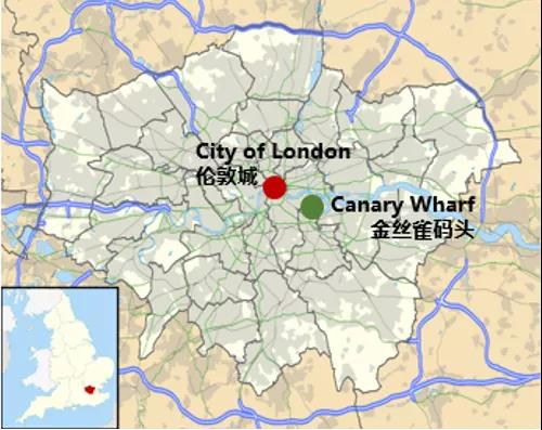 伦敦城与金丝雀码头区位关系（李凌月供图）