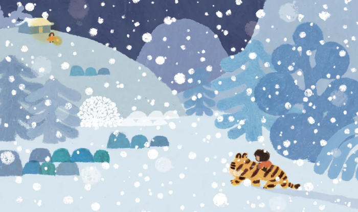 原创绘本《老虎，下雪啦》插图。（马岱姝 著，浪花朵朵 | 北京联合出版公司2021年2月版）