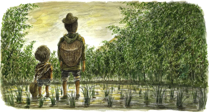 原创绘本《小熊 快跑》插图。（史雷 著，马鹏浩 绘，明天出版社2020年10月版）