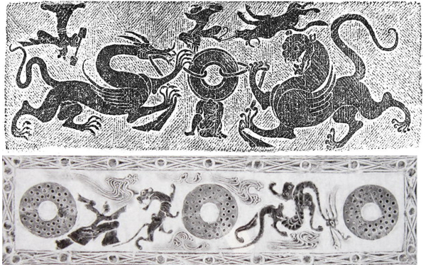 图7：（上）四川郫县龙虎戏璧画像石拓片，四川博物馆藏；（下）仙人戏虎，龙虎环璧画像砖拓片，许昌博物馆藏