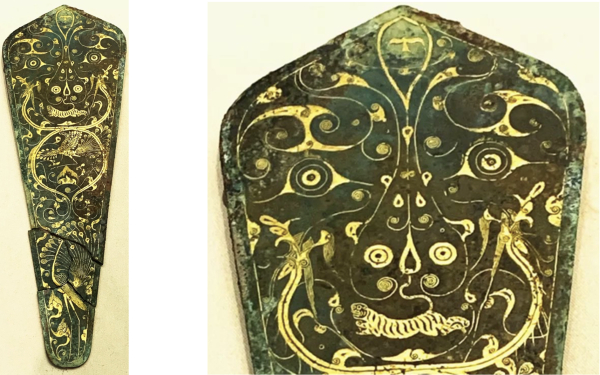 图5：西汉青铜错金当卢上的借虎升天形象，南昌汉代海昏侯国遗址博物馆藏