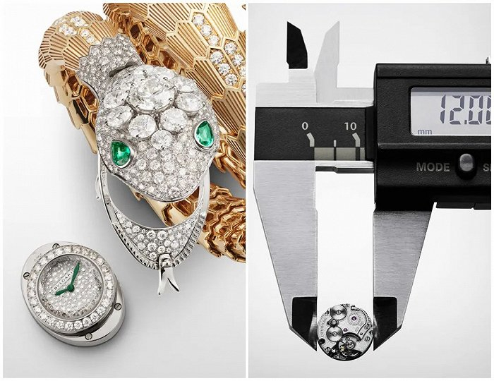 上图：Serpenti Misteriosi 高级珠宝神秘腕表的表盘和机芯可以完美隐匿于蛇首内部，还可以轻松取下并重新调整安装方向以适应左腕或右腕佩戴