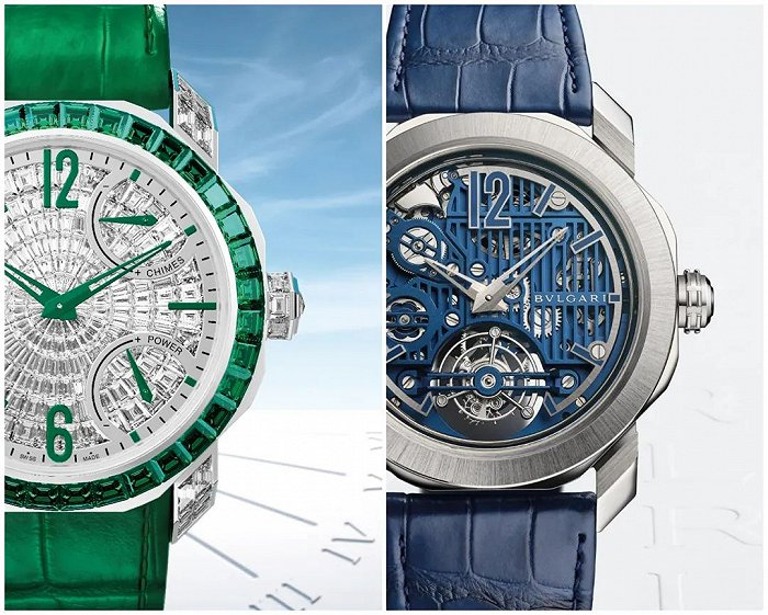 上图：Octo Roma 大自鸣祖母绿腕表（左）和 Octo Roma 钟乐三问陀飞轮蓝色腕表（右）