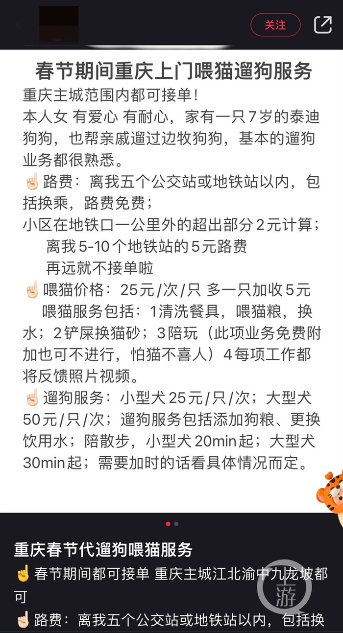 ▲某平台网友发帖，春节期间可上门陪护宠物