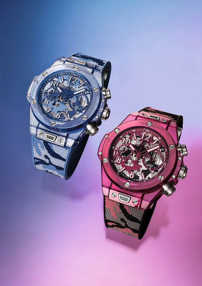 上图：宇舶表BIG BANG UNICO 蓝色蓝宝石及红色蓝宝石迷彩腕表