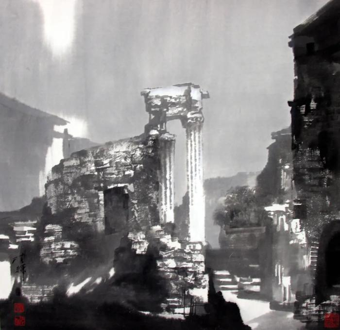陈辉作品《昔日辉煌》。在表现罗马柱的断垣残壁时，使用了较悲怆的笔触。本人供图