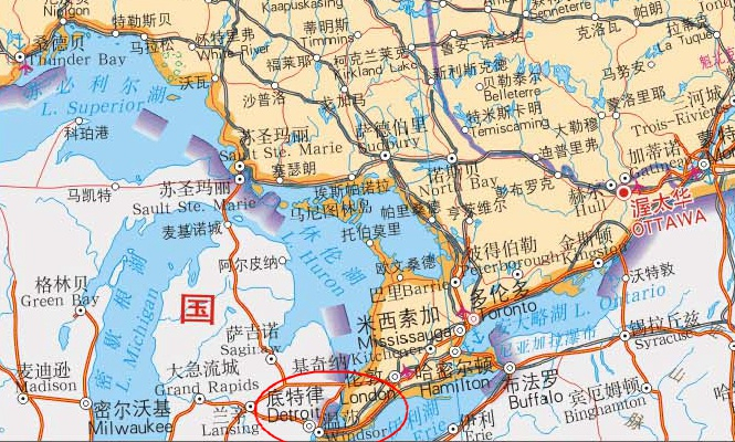 加拿大温莎口岸 图中红圈处