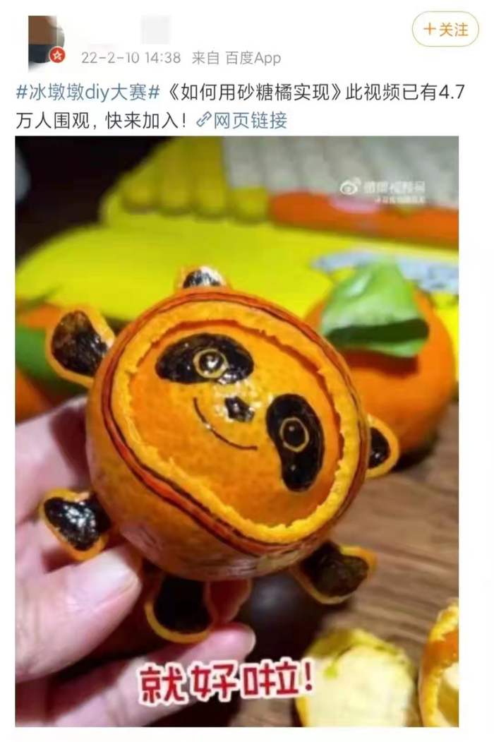 社交平台上，有人发起“冰墩墩diy大赛”，参与者晒出各种各样方式制作的冰墩墩。网络截图