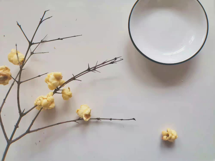 “花糕员外”用爆米花做的假梅花 图 花糕员外